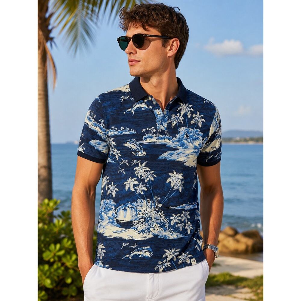Polo Ralph Lauren RARE Tropical Fishing Resort Polo Shirt Blue Classic Fit M